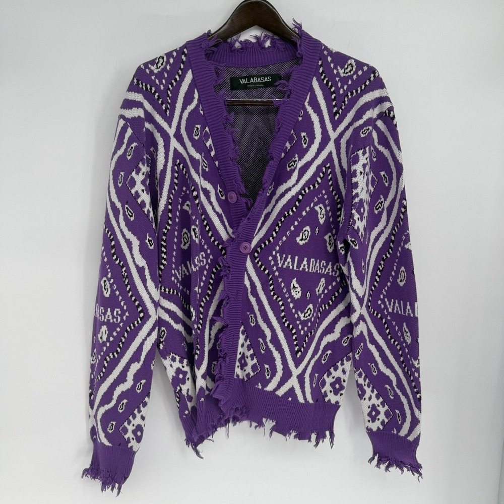 Valabasas Mens Purple Paisley Distressed Cardigan Sweater XL Cotton Streetwear